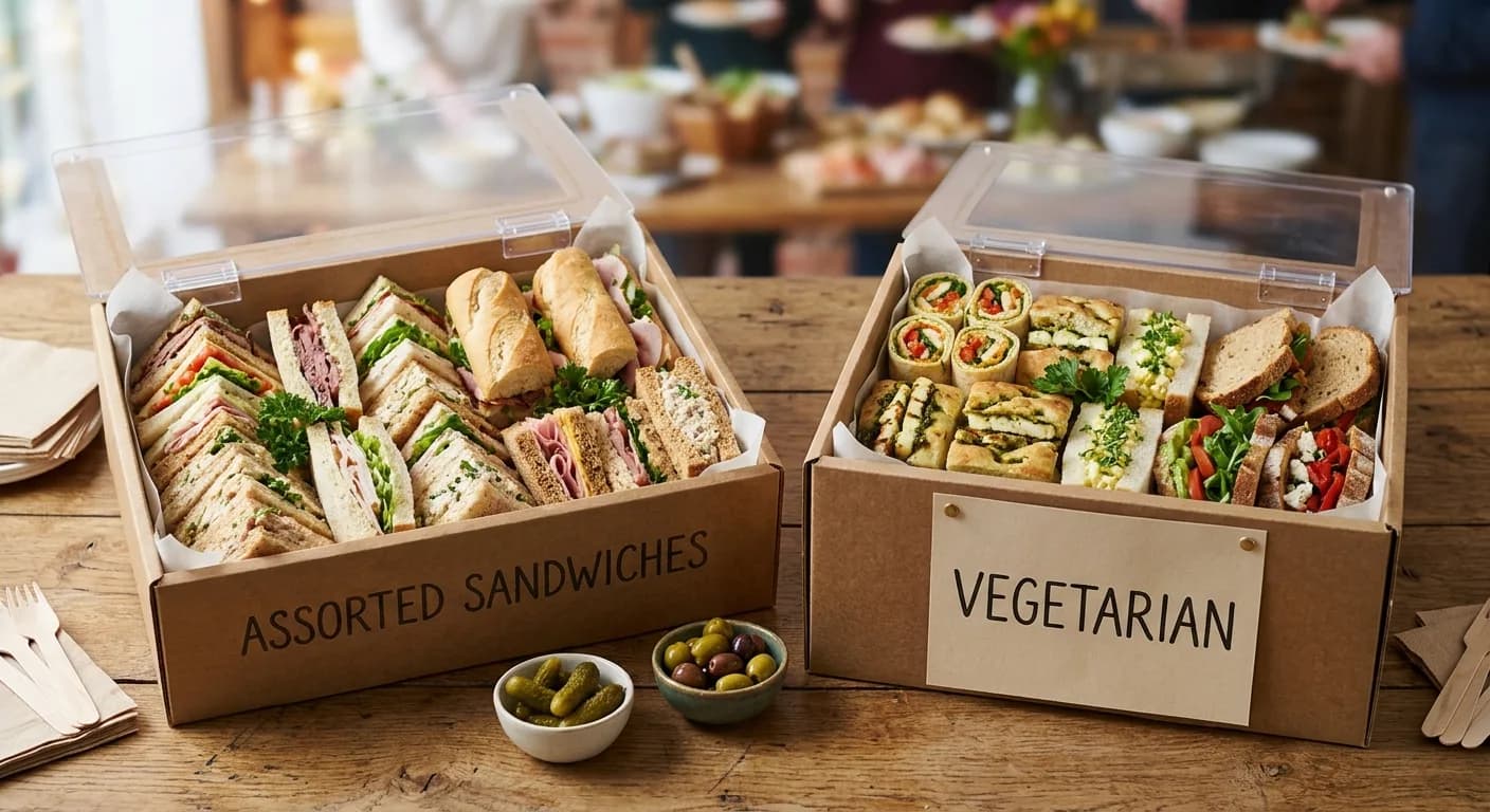 Two catering boxes on a wooden table, one filled with assorted sandwiches and one with vegetarian sandwiches and wraps