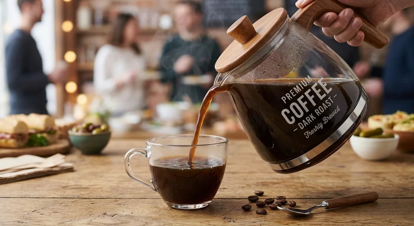 Fresh black coffee being poured from a glass carafe into a clear cup on a wooden table at a catered event